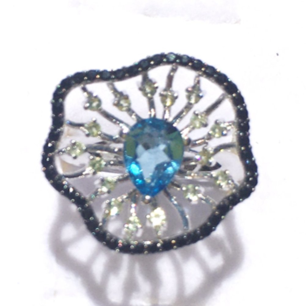 Swiss Blue Topaz .925 Cocktail Ring Peridot Black Spinel Sterling Silver Genuine - Picture 15 of 15